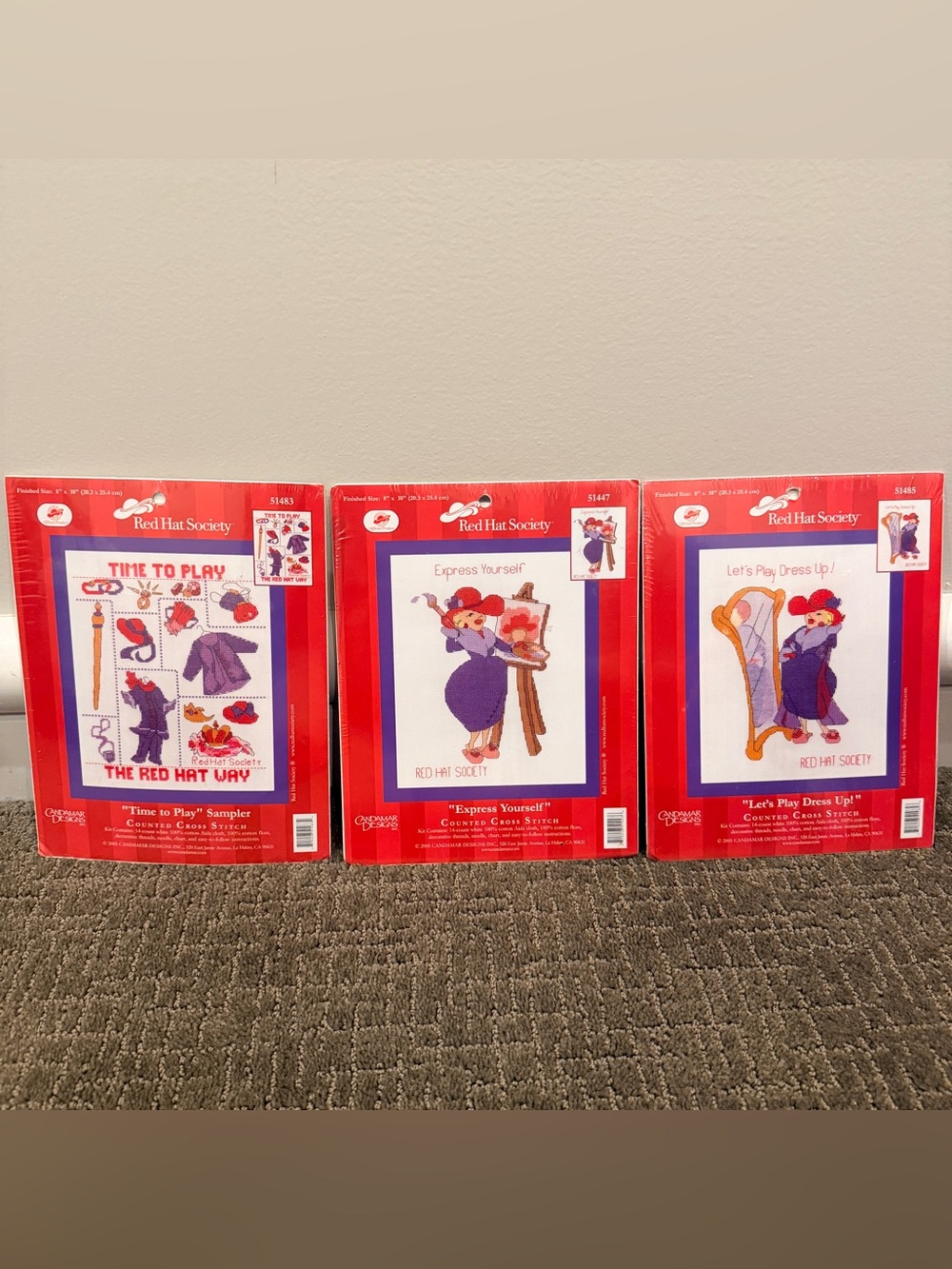 Lot of 3 Vtg Candamar Designs Counted Cross Stitch Red Hat Society New Samplers